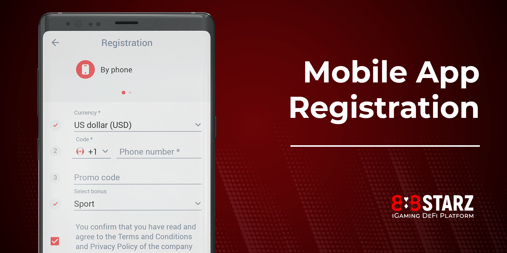 Registration at 888Starz using mobile application